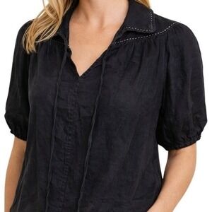 Anthropologie Black Peasant Blouse XS Puff Sleeve Linen Blend Stitch Detail Boho
